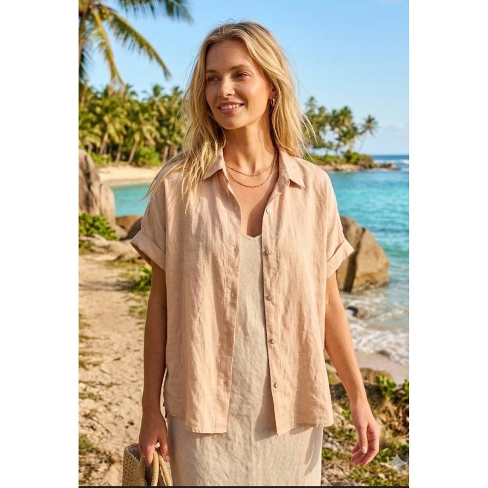 Tahari Women's Button Up Shirt 100 Organic Linen Sz S Beige Summer Vacay Coastal